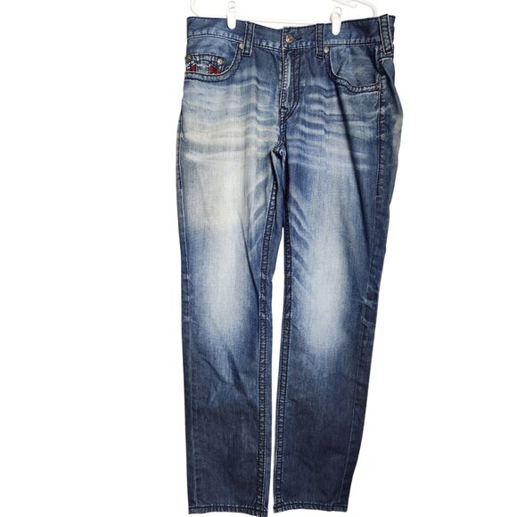 True Religion Mens Jeans 36x35 Plaid Insert Big T Slim Medium Wash Denim - Picture 1 of 8